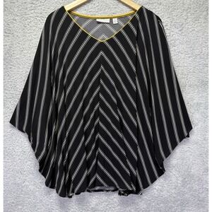 Susan Graver Black & White Stripe Poncho Blouse Top Size XL Liquid Knit V Neck